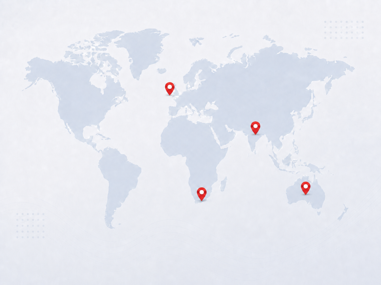 World map showing Unify Today offices in South Africa, Ireland, India and Australia